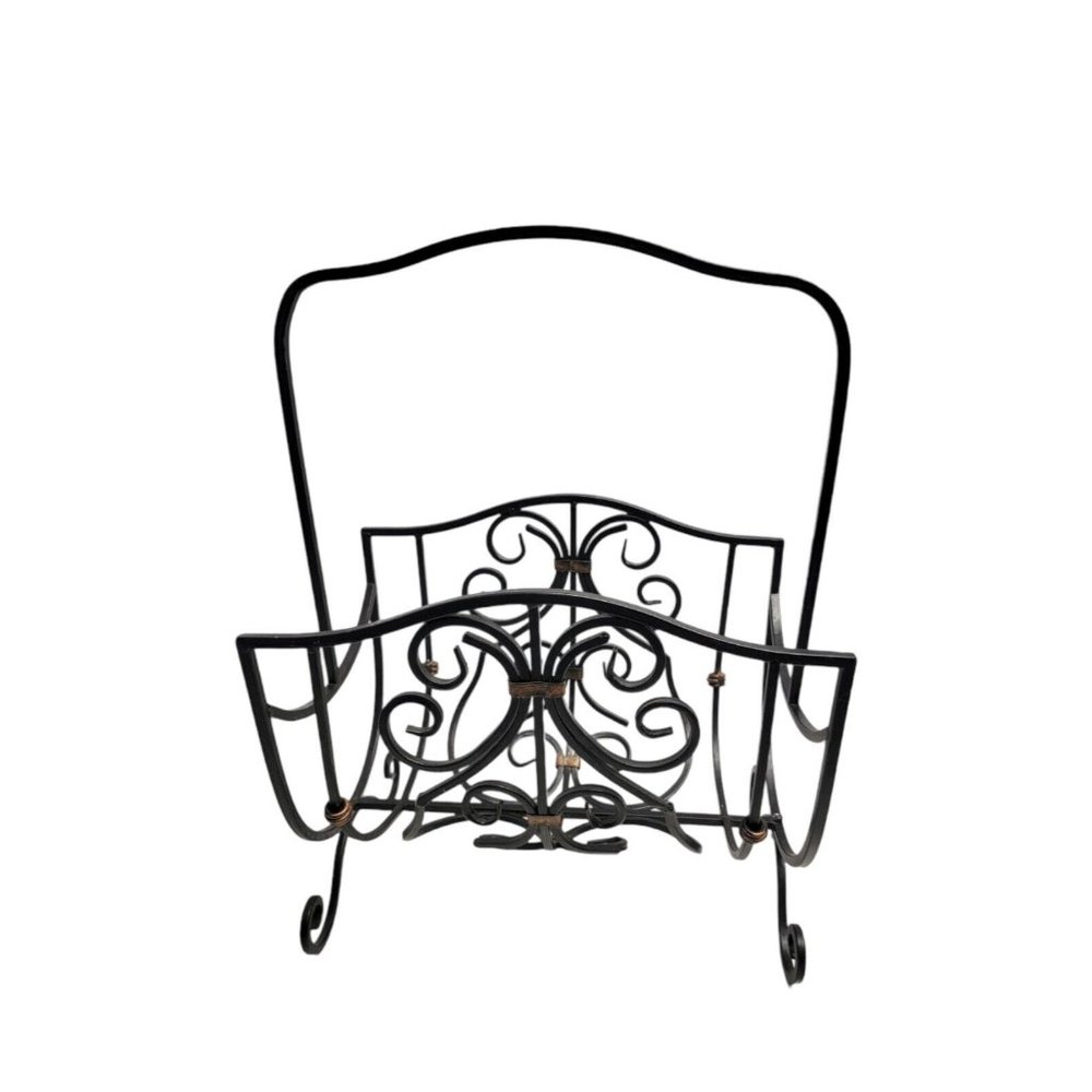 Vtg Metal Rack Magazine Black Bronze Wrought Iron Accents Free Standing Decor